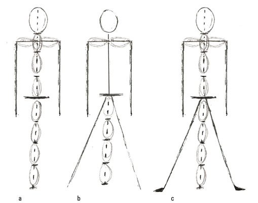 For arm placement on each side of the body, draw a straight vertical line that goes from the shoulder line to the bottom of the fifth head.