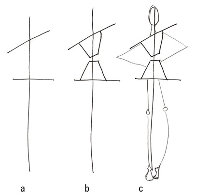 To rock a pose with attitude all in the shoulders, start by drawing the balance line for your fashion figure. Add a horizontal hip line at the halfway point.
