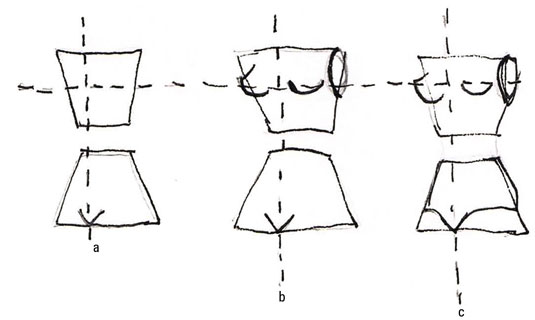 Draw two stacked trapezoids. Draw the center front line off center, about a third of the way across the torso instead of halfway.