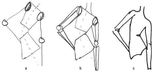 To create a pose with one arm bent and one arm straight, draw two trapezoids to represent an angled torso.