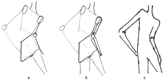 Sketch a sharply bent arm on the longer side of the torso using two lines and a circle to represent the elbow that connects them.