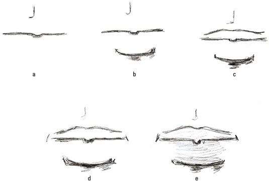 To draw a male mouth for a fashion illustration, start with a simple horizontal line with a slight dip in the center.