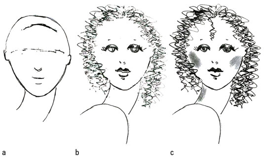 Draw a wild-looking crop of curls.