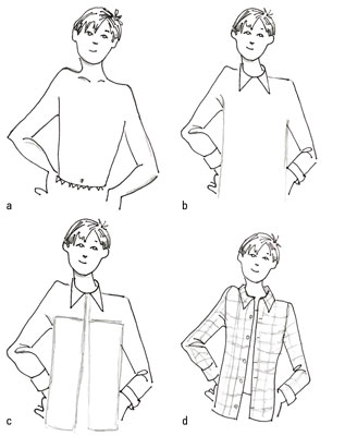 Draw the plaid flannel shirt for a boy.
