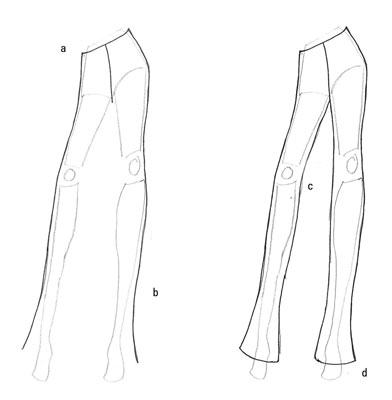 Draw a slightly curved line around the waist, putting the waistline where it fits the pant style best.
