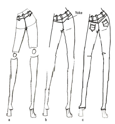 Draw a pair of jeans with a yoke.