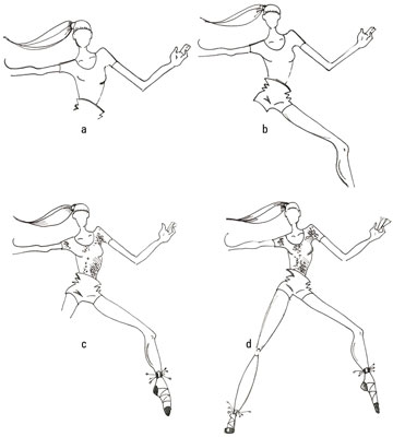 Draw a leg stretching far as a fashion figure leaps to the side.