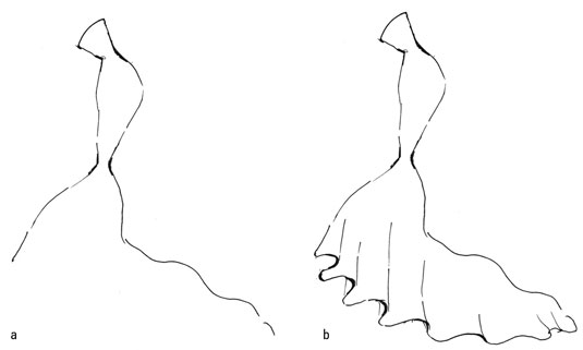 Draw a slightly curved line across the chest for the top of the dress. Follow along both sides of the torso, with one side ending mid calf and the other ending slightly below the mid calf.