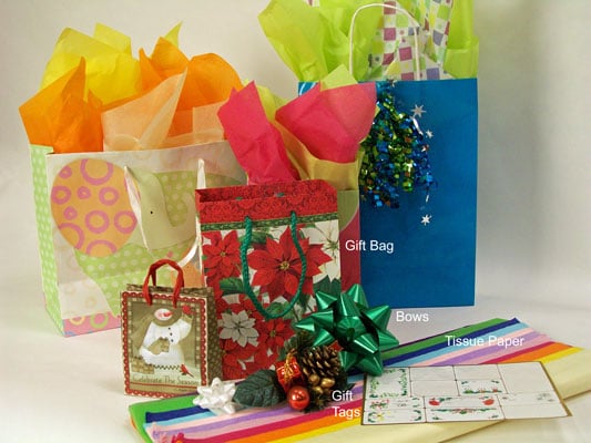 Gather up a gift bag, tissue paper in a coordinating color(s), gift tag, and (optional) embellishments.