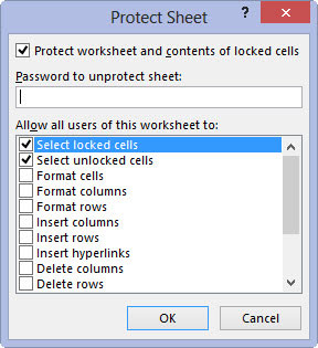Click the Protect Sheet command button in the Changes group on the Review tab on Ribbon or press Alt+RPS.