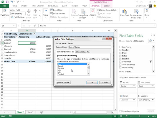 How to Modify the Pivot Table's Summary Function in Excel 2013 dummies