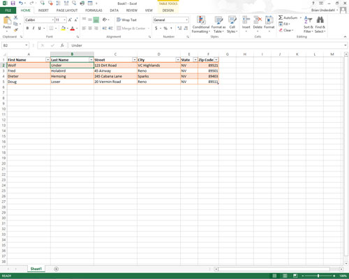 Position the cell cursor in one of the cells in the data list table.