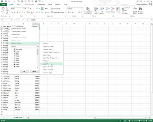 Click the AutoFilter button on the numeric field you want to filter with the Top 10 option. Then highlight Number Filters in the drop-down list and click Top 10 on its submenu.