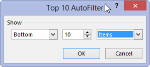 To show those records that fall into the Top 10 or Bottom 10 percent<i>,</i> change Items to Percent in the right-most drop-down list box.