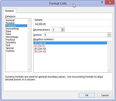 Modify any other options for the selected number format, such as Decimal Places, Symbol, and Negative Numbers that are available for that format.