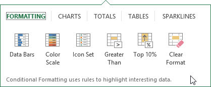 Click the Quick Analysis tool that appears right below the lower-right corner of the current cell selection.