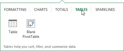 Click the Tables tab at the top of the Quick Analysis options palette.