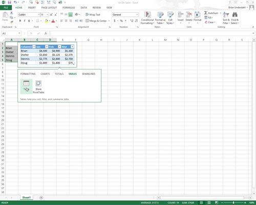 To preview each pivot table that Excel 2013 can create for your data, highlight its PivotTable button in the Quick Analysis palette.