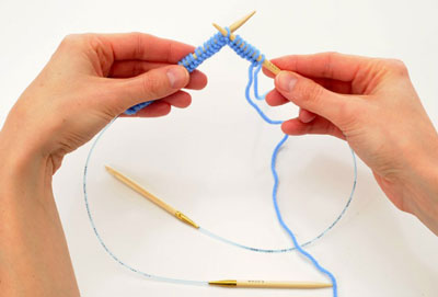 Starting with the last cast-on stitch, slip half of the stitches to the second circular needle.