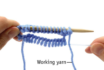 Position the working yarn so that it runs up from the last cast-on stitch to the outside of the project.