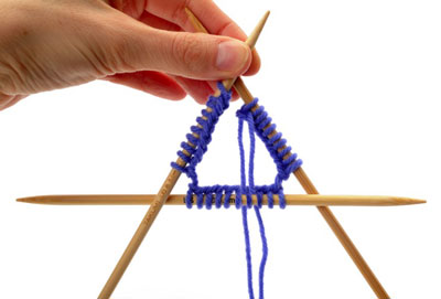 Position the working yarn so that it runs up from the last cast-on stitch to the outside of this triangle.