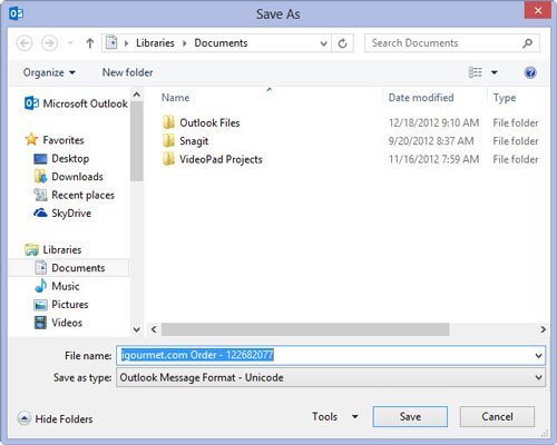 With the message already open, select the File tab from the Ribbon and then choose Save As (or press F12).