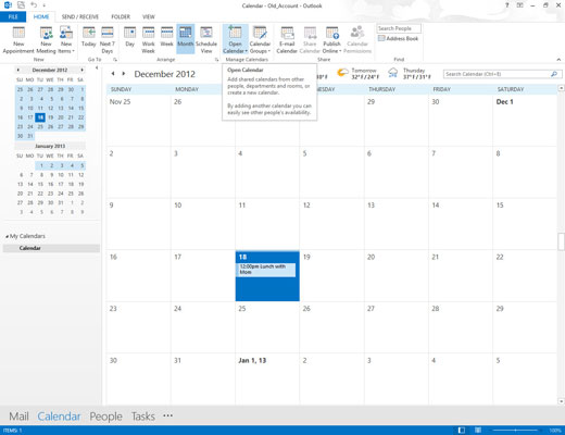 Click Open Calendar in the Manage Calendars group of the Home tab’s Ribbon.