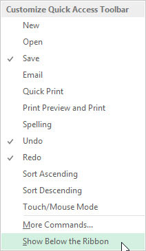 Click the Customize Quick Access Toolbar button at the end of the Quick Access toolbar and then click the Show Below the Ribbon option.