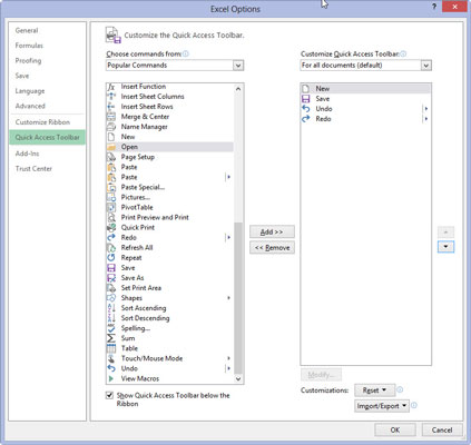 Click the Move Up button (with the triangle pointing upward) three times to move the New button to the top of the Customize Quick Access Toolbar list box and the first position on the Quick Access toolbar.