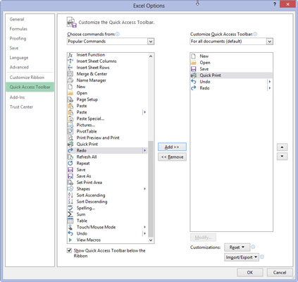 Click the Save button in the Customize Quick Access Toolbar list box on the right to select this button. Then, click the Quick Print option in the Popular Commands list box on the left and click the Add button.