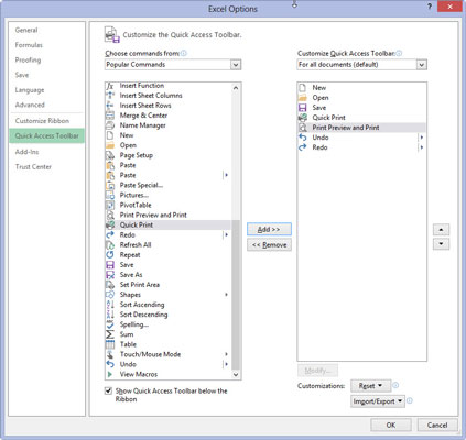Click the Print Preview and Print button near the bottom of the Popular Commands list box and then click the Add button.