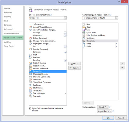 Add the Spelling and Research buttons from the Review Tab list box to the Customize Quick Access Toolbar list box and position them so that they appear one after the other following the Print Preview and Print button.