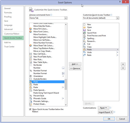 Click the Home Tab option in the Choose Commands From drop-down list and then add the Cut, Copy, and Paste buttons to the Customize Quick Access Toolbar in this order in front of the Undo button.