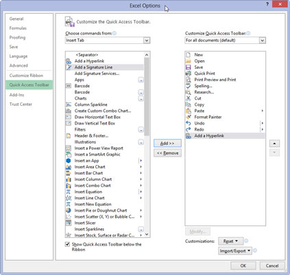 Click the Redo button in the Customize Quick Access Toolbar list box to select its icon, click Insert Tab on the Choose Commands From drop-down list, and then add the Add a Hyperlink button to the Quick Access toolbar.