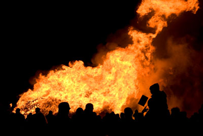Bonfires with images or representatives of the terrorist conspirators are burned on Guy Fawkes Day.
