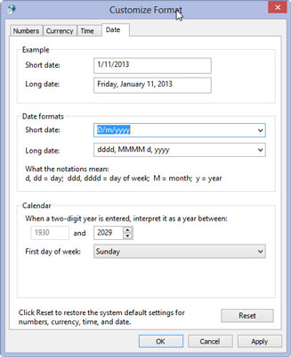 Click the Date tab in the Customize Format dialog box. Click the Short Date format and then type D/m/yyyy, the new date format.