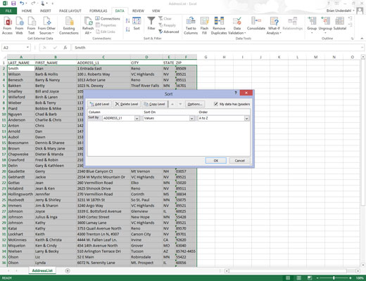 Position the cell cursor in one of the cells in the data list table. Click the Sort button in the Sort & Filter group on the Data tab or press Alt+ASS.