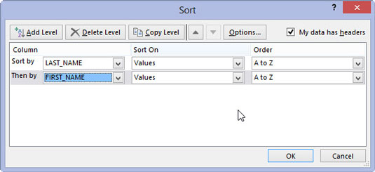 (Optional) If the first field contains duplicates and you want to specify how the records in this field are sorted, click the Add Level button to insert another sort level, select a second field to sort on from the Then By drop-down list, and select either the ascending or descending option from its Order drop-down list to its right.