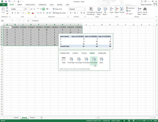 To preview each pivot table that Excel 2013 can create for your data, highlight its PivotTable button in the Quick Analysis palette.