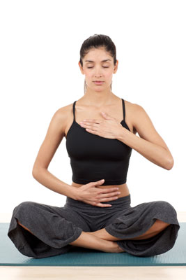 Place one hand on your chest and the other just below your ribs on your belly and take a deep breath through your nose.