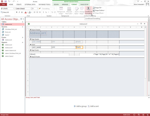 Click the Format tab and click the Conditional Formatting icon in the Control Formatting group.