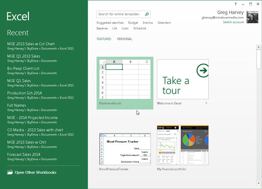 Select a template from which to generate a new workbook in the Excel Start screen.