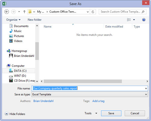 Click in the File Name text box and then modify the default filename as needed before you select the Save button to close the Save As dialog box and save your customized template in the Templates folder.