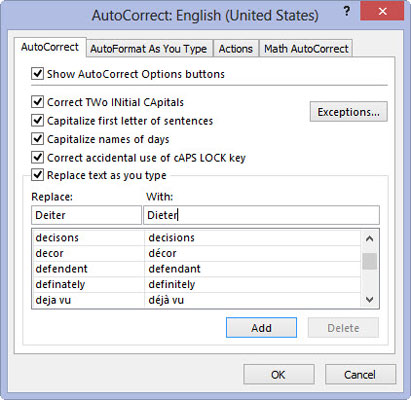 Click the With text box and enter the replacement that AutoCorrect should make (with no typos in it, please!).