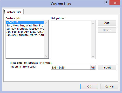 Select File→Options→Advanced (Alt+FTA) and then scroll down and click the Edit Custom Lists button located in the General section.