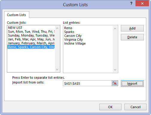 Click the Import button to add the entries in the selected cell range to the List Entries box on the right and to the Custom Lists box on the left side of the Custom Lists tab.