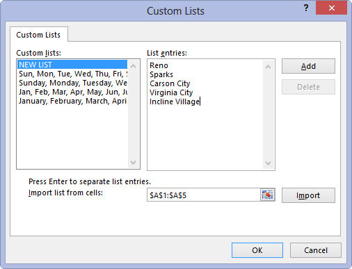 Click the List Entries box and then type each of the entries for the custom list in the order in which they are to be entered in successive cells of a worksheet.
