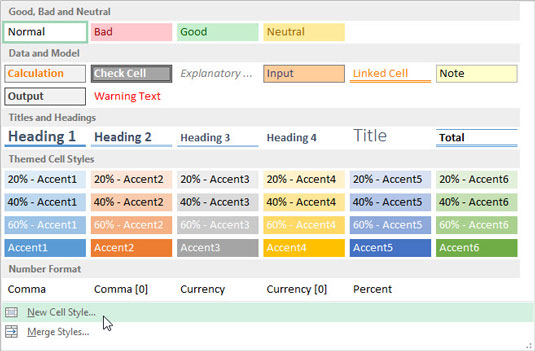 Position the cell pointer in a cell that doesn’t have any formatting applied to it and then click the New Cell Style option at the bottom of the Cell Styles drop-down gallery (opened by clicking the Cell Styles button in the Styles group on the Ribbon’s Home tab).