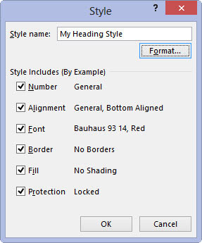 After you finish assigning the formatting attributes that you want in the new style in the Format Cells dialog box, click OK to return to the Style dialog box.