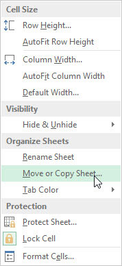 Click the Format button on the Home tab and then choose Move or Copy Sheet from the drop-down menu or press Alt+HOM.